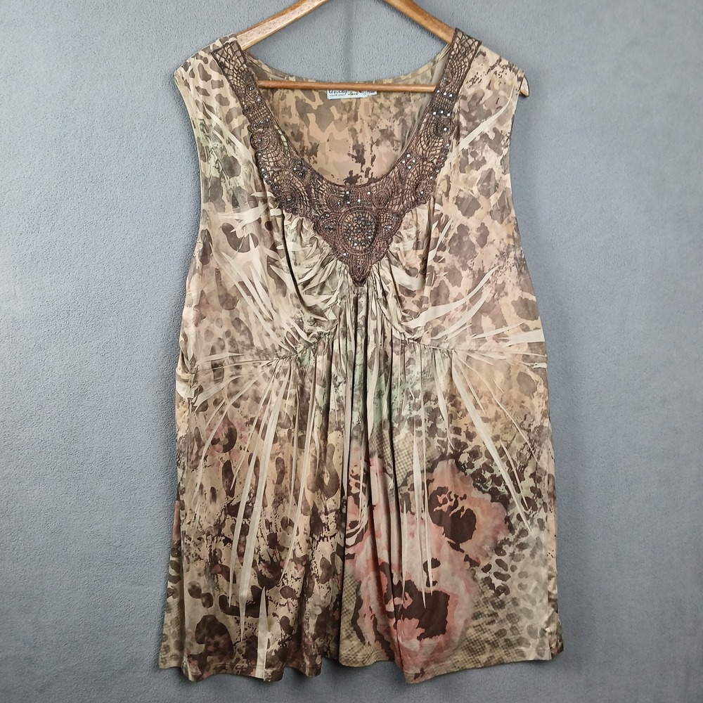 Unity World Wear Tunic Top Womens 3X Brown Leopard Print‎ Sleeveless Embellished
